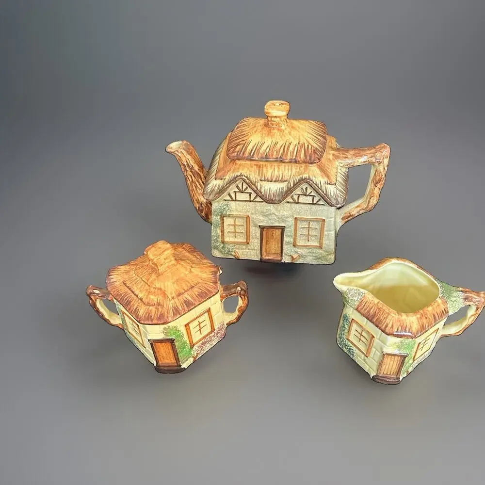 Vintage Keele Street Pottery Thatched English Cottage Garden Teapot Cream Sugar